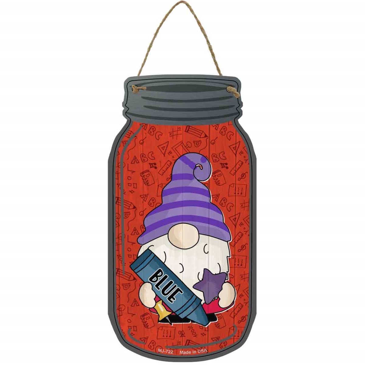 MJ-722 4 x 8 in. Crayon Novelty Metal Mason Jar Sign with Gnome, Blue