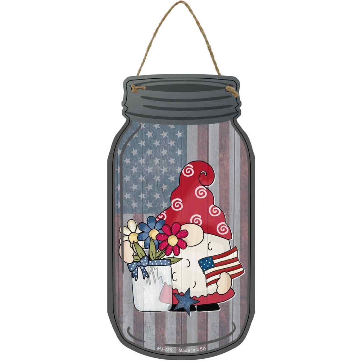 MJ-735 4 x 8 in. Patriotic Flowers Novelty Metal Mason Jar Sign with Gnome
