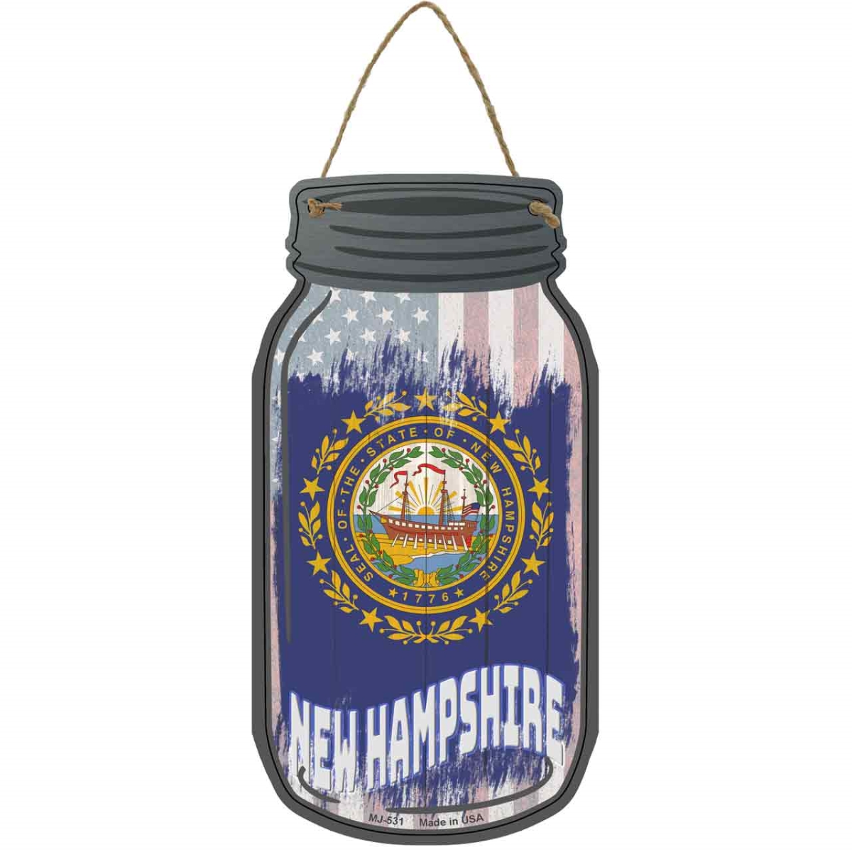 MJ-531 4 x 8 in. New Hampshire USA Flag Novelty Metal Mason Jar Sign