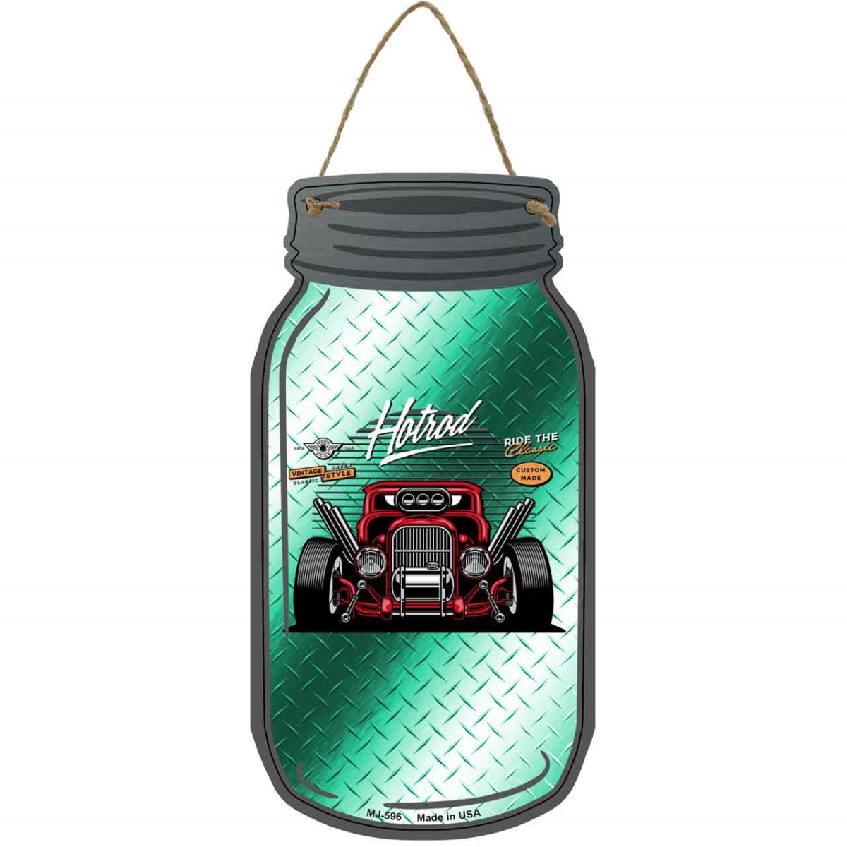 MJ-596 4 x 8 in. Hot Rod Diamond Novelty Metal Mason Jar Sign, Teal