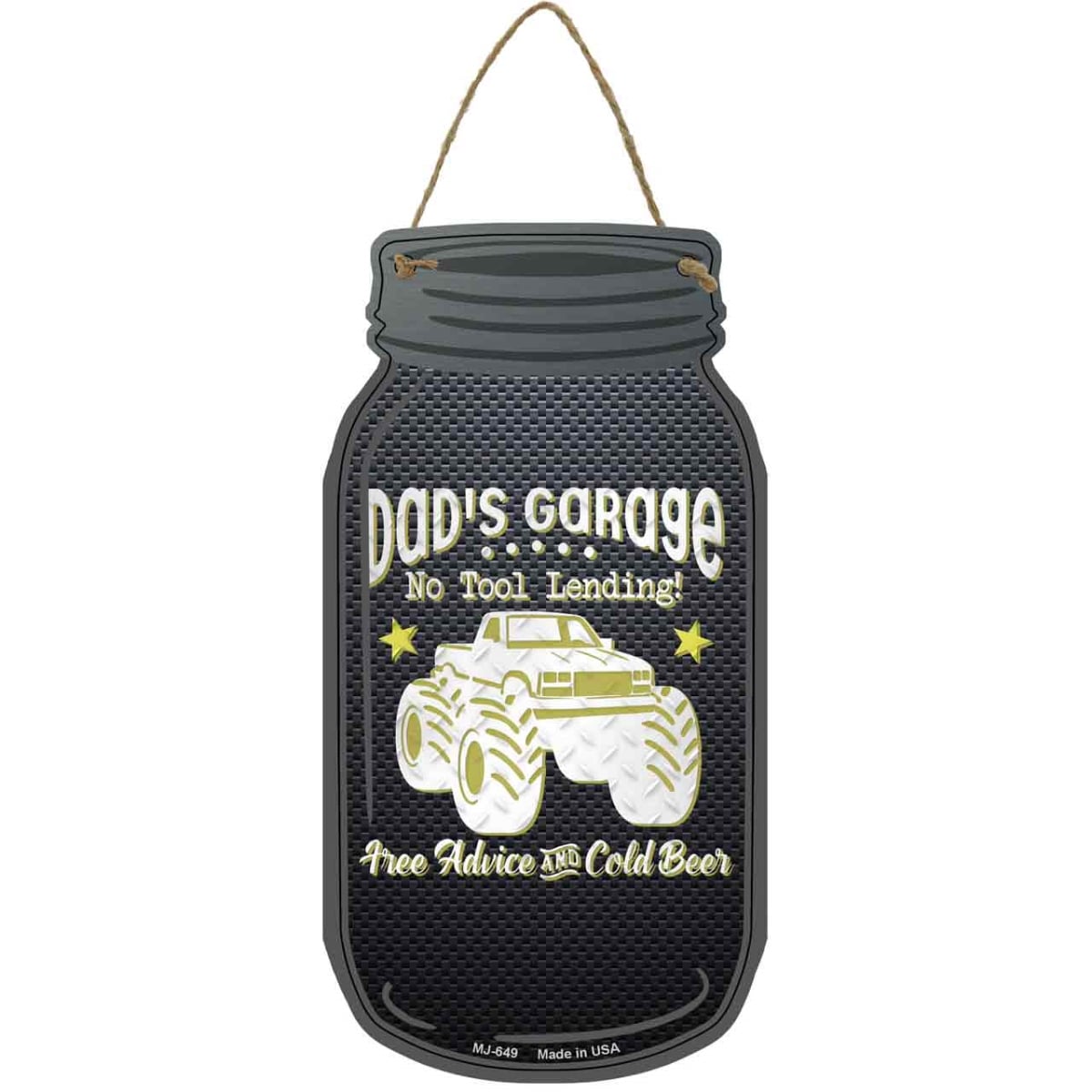MJ-649 4 x 8 in. Dads Garage Novelty Metal Mason Jar Sign, Yellow