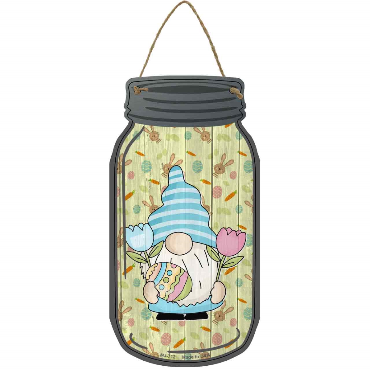MJ-712 4 x 8 in. Egg & Flowers Novelty Metal Mason Jar Sign with Gnome