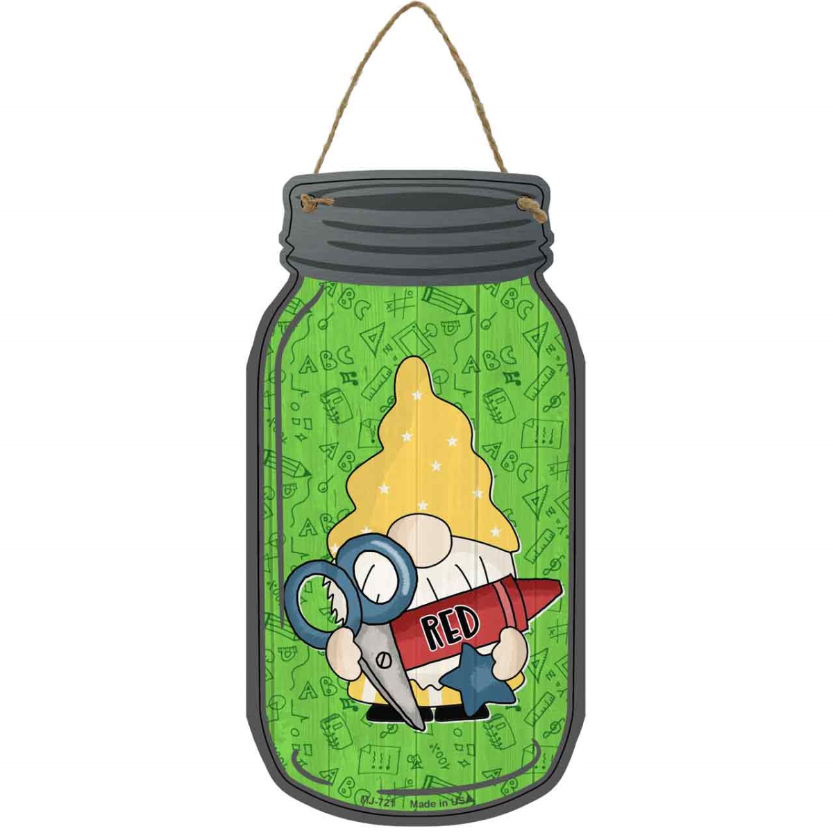 MJ-721 4 x 8 in. Crayon Novelty Metal Mason Jar Sign with Gnome, Red