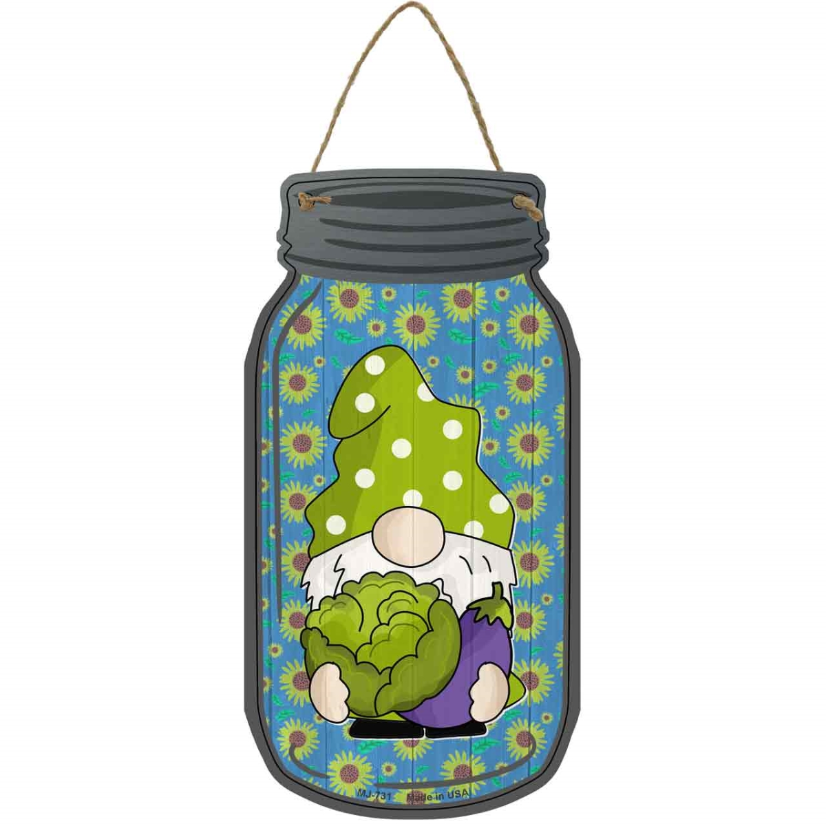 MJ-731 4 x 8 in. Eggplant Novelty Metal Mason Jar Sign with Gnome