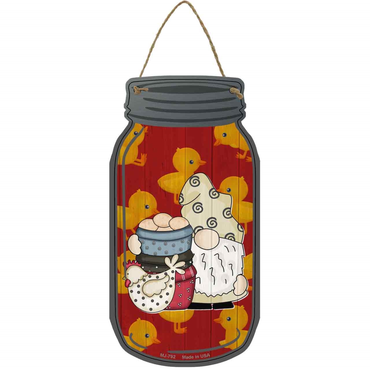 MJ-792 4 x 8 in. Eggs Novelty Metal Mason Jar Sign with Gnome, Red