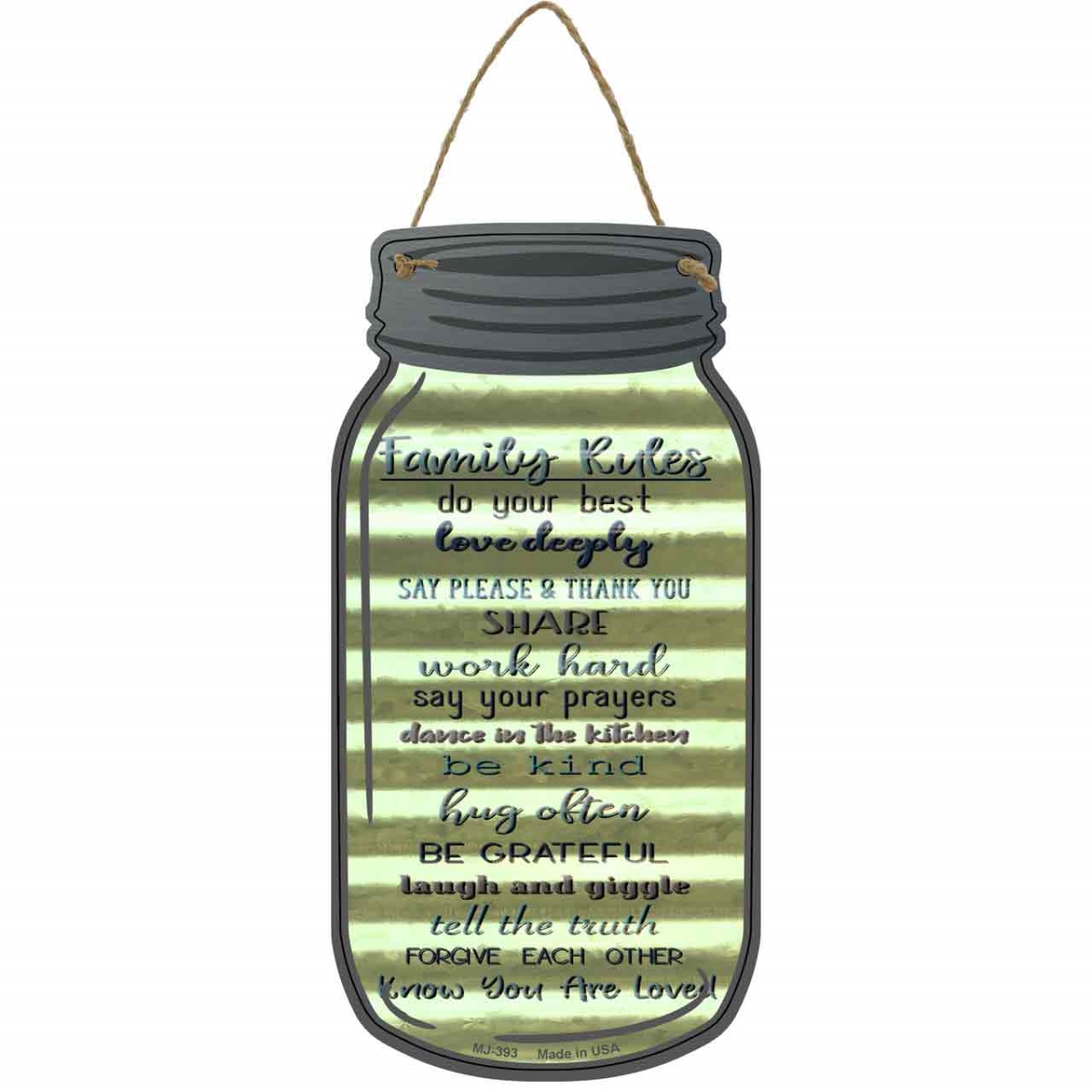 MJ-393 4 x 8 in. Family Rules List Corrugated Novelty Metal Mason Jar Sign