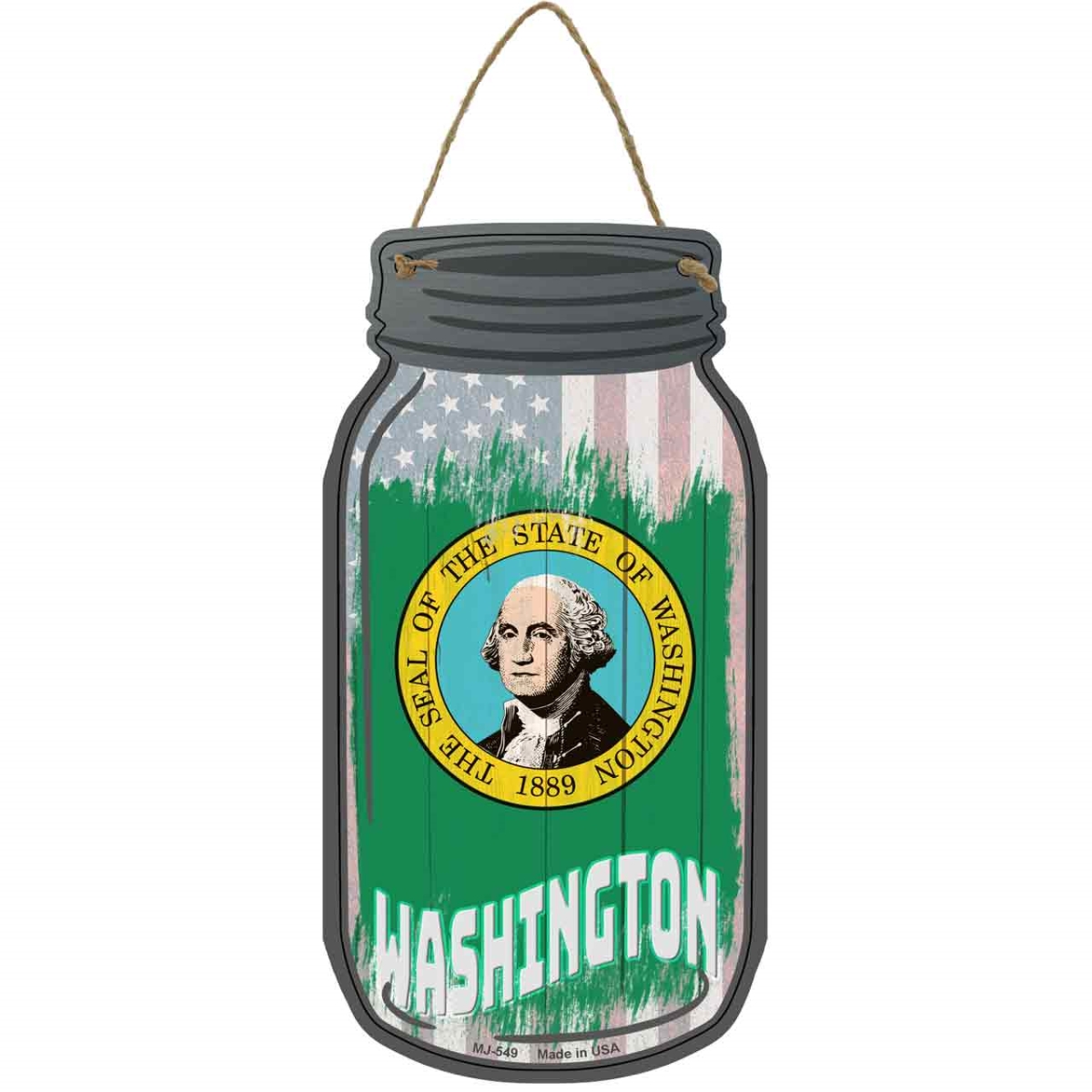 MJ-549 4 x 8 in. Washington USA Flag Novelty Metal Mason Jar Sign