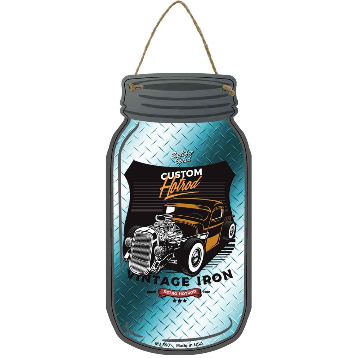 MJ-590 4 x 8 in. Custom Hot Rod Diamond Novelty Metal Mason Jar Sign, Blue