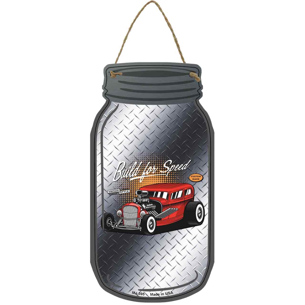 MJ-595 4 x 8 in. Build for Speed Gray Diamond Novelty Metal Mason Jar Sign
