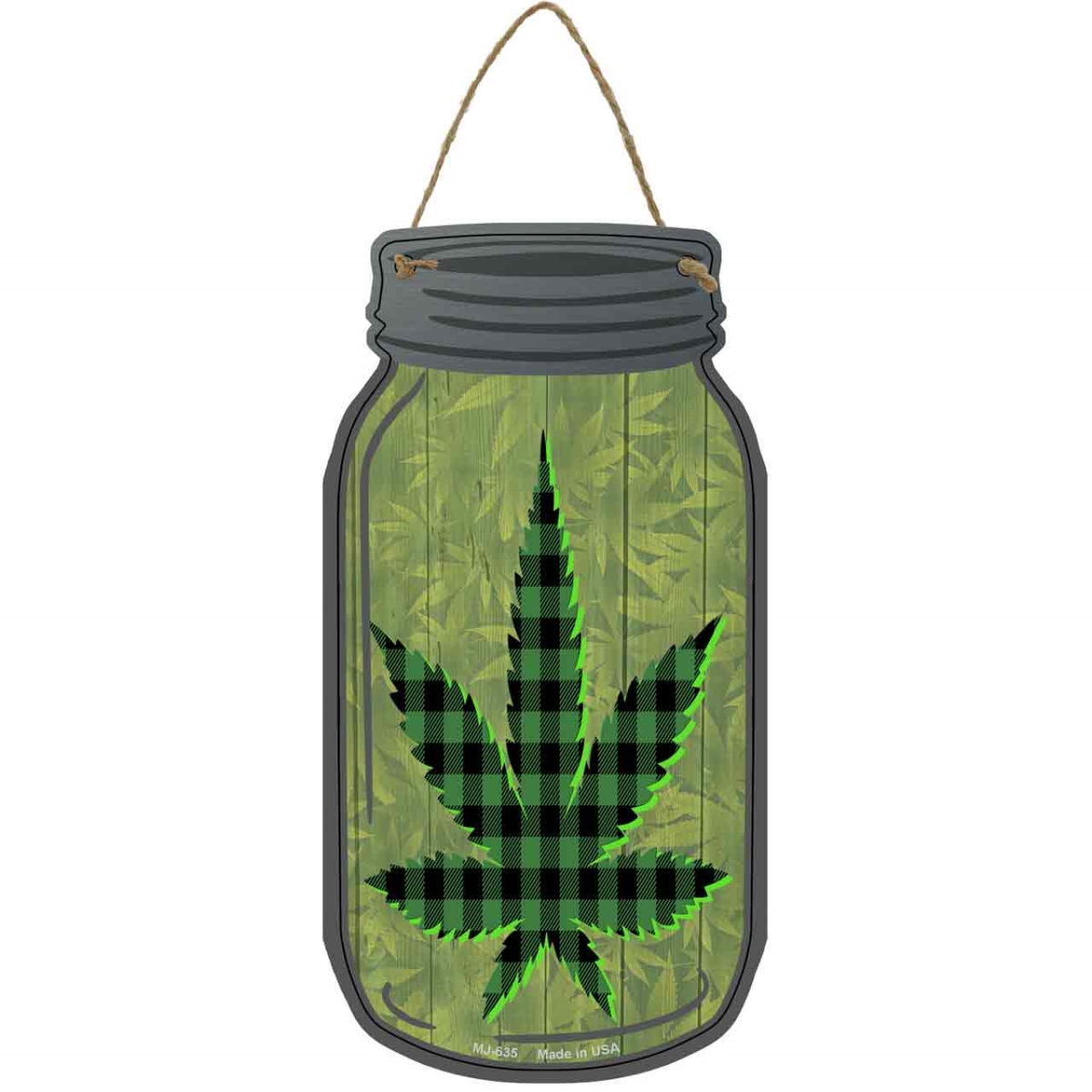 MJ-635 4 x 8 in. Weed Leaf Plaid Novelty Metal Mason Jar Sign, Green