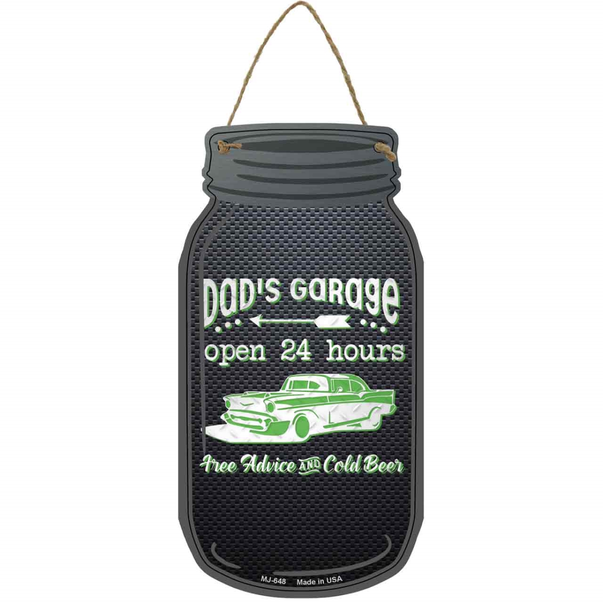 MJ-648 4 x 8 in. Dads Garage Classic Car Novelty Metal Mason Jar Sign, Green