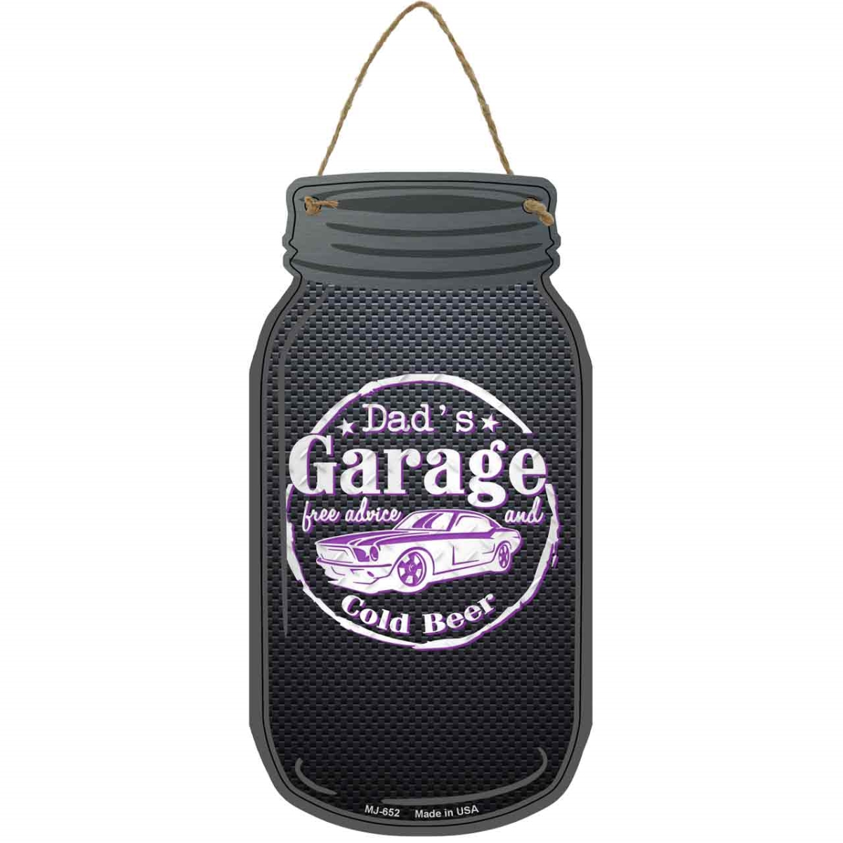 MJ-652 4 x 8 in. Dads Garage Novelty Metal Mason Jar Sign, Purple