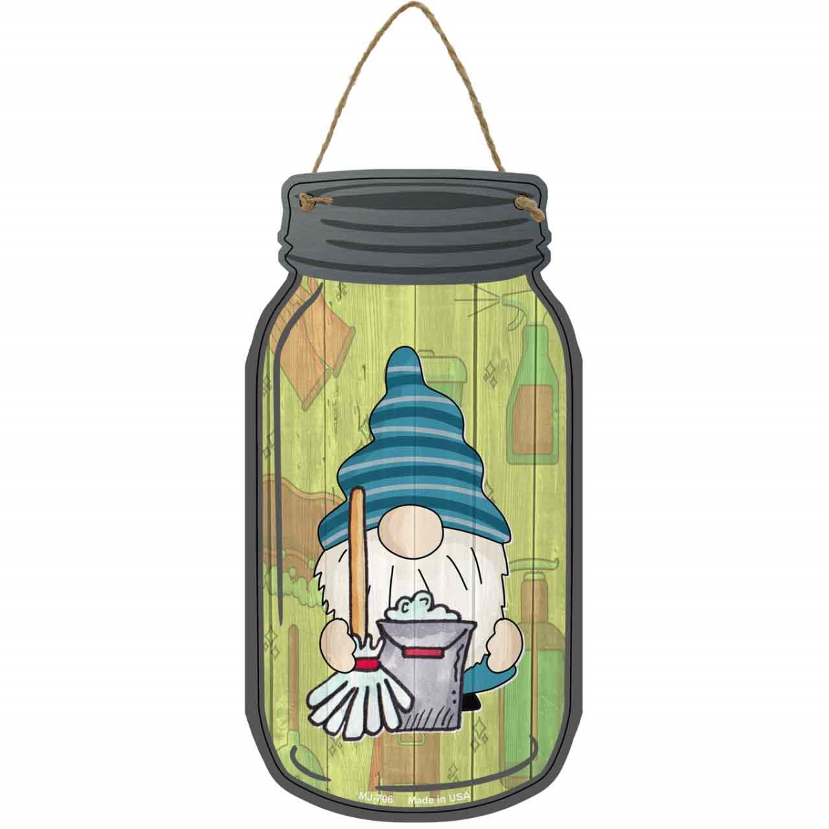 MJ-706 4 x 8 in. Mop Novelty Metal Mason Jar Sign with Gnome