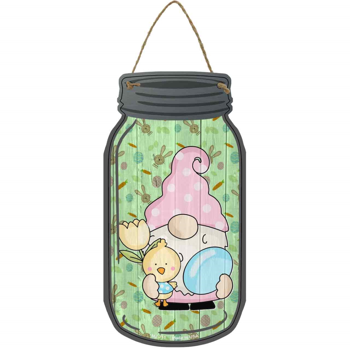 MJ-711 4 x 8 in. Egg Novelty Metal Mason Jar Sign with Gnome, Blue