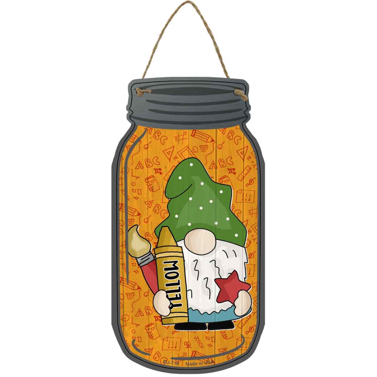 MJ-718 4 x 8 in. Crayon Novelty Metal Mason Jar Sign with Gnome, Yellow