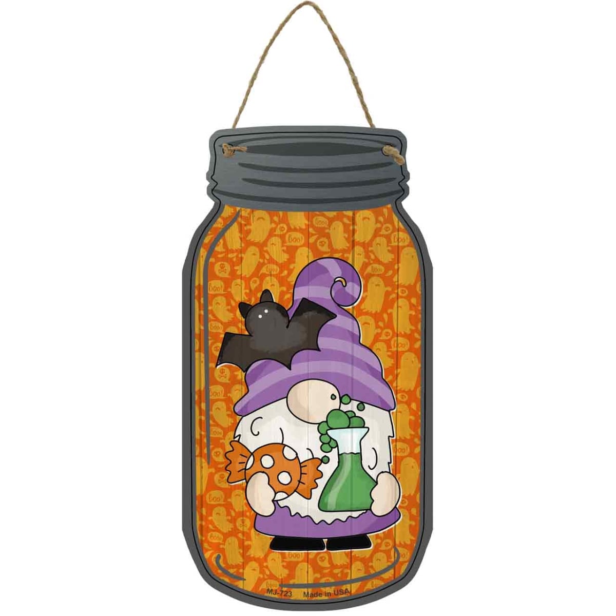 MJ-723 4 x 8 in. Flying Bat Novelty Metal Mason Jar Sign with Gnome