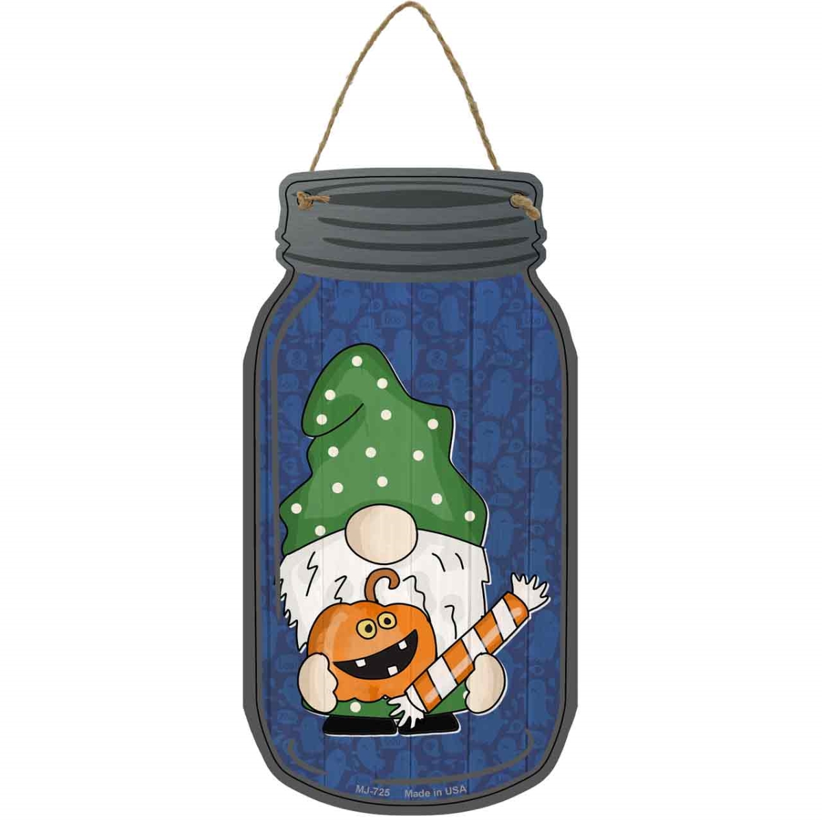MJ-725 4 x 8 in. Pumpkin & C&y Novelty Metal Mason Jar Sign with Gnome
