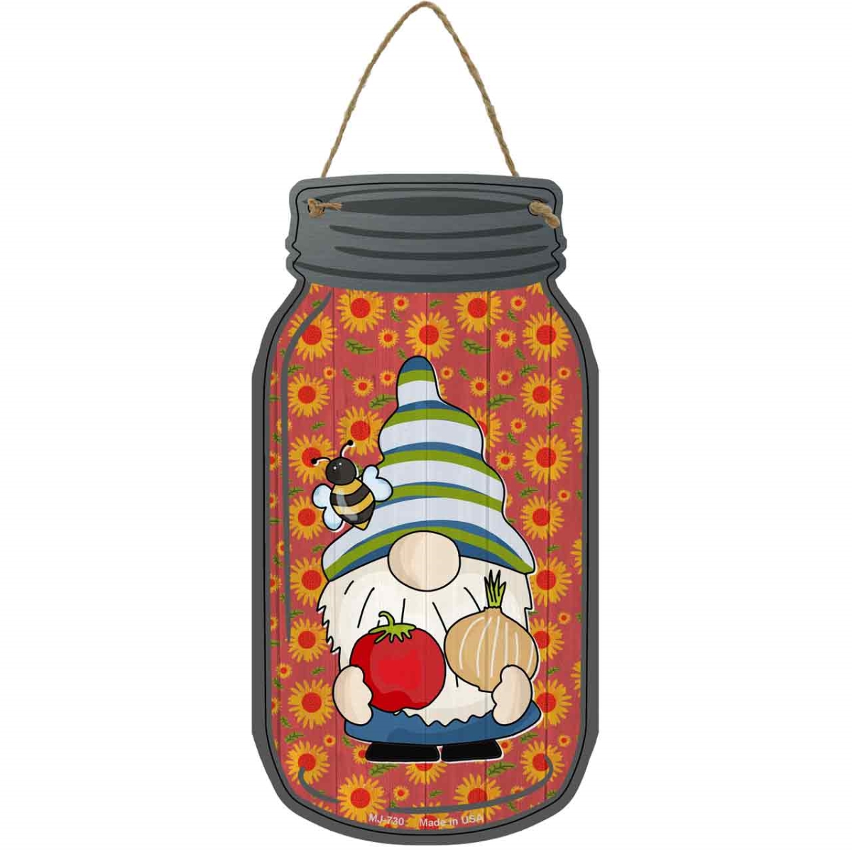 MJ-730 4 x 8 in. Tomato & Onion Novelty Metal Mason Jar Sign with Gnome