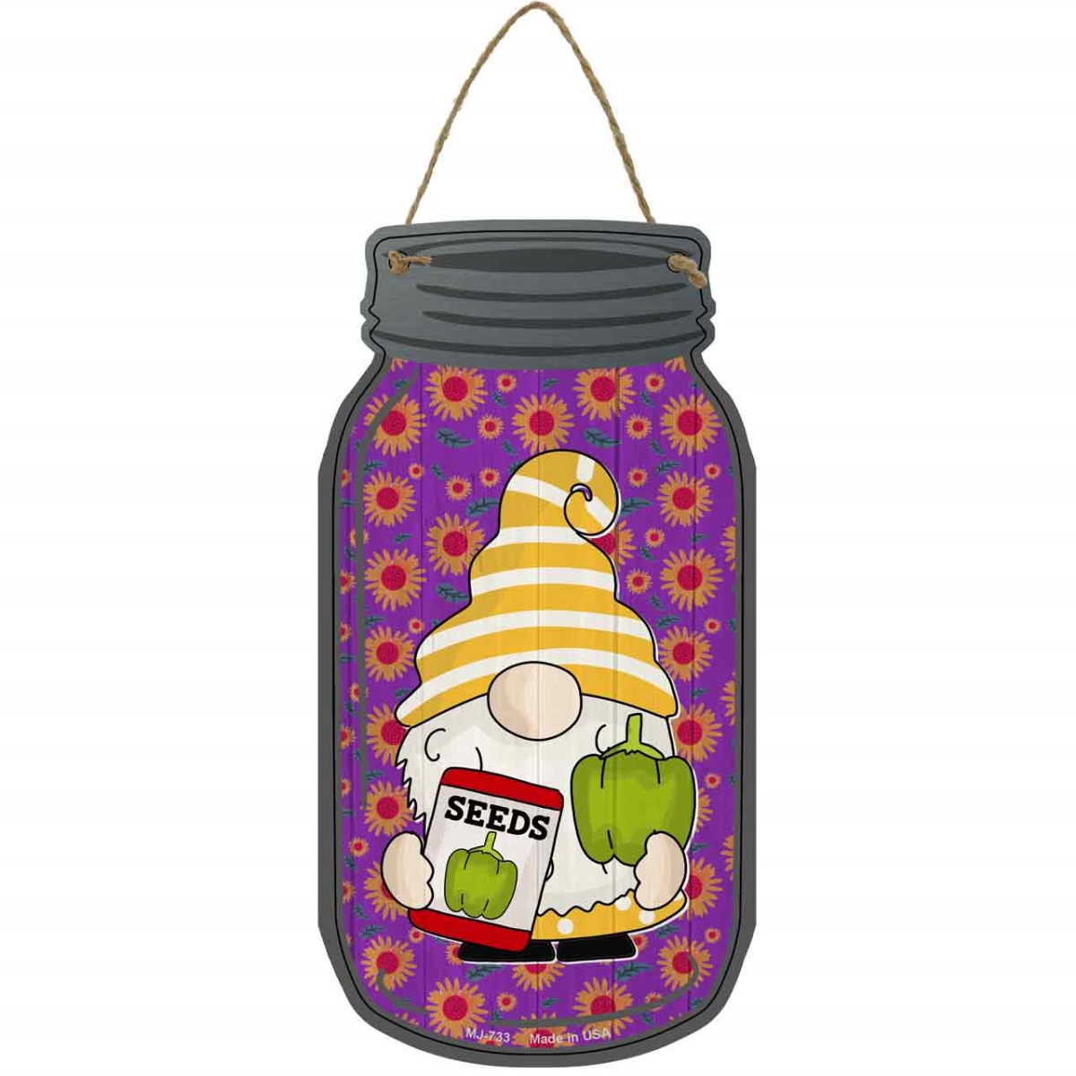 MJ-733 4 x 8 in. Pepper Seeds Novelty Metal Mason Jar Sign with Gnome