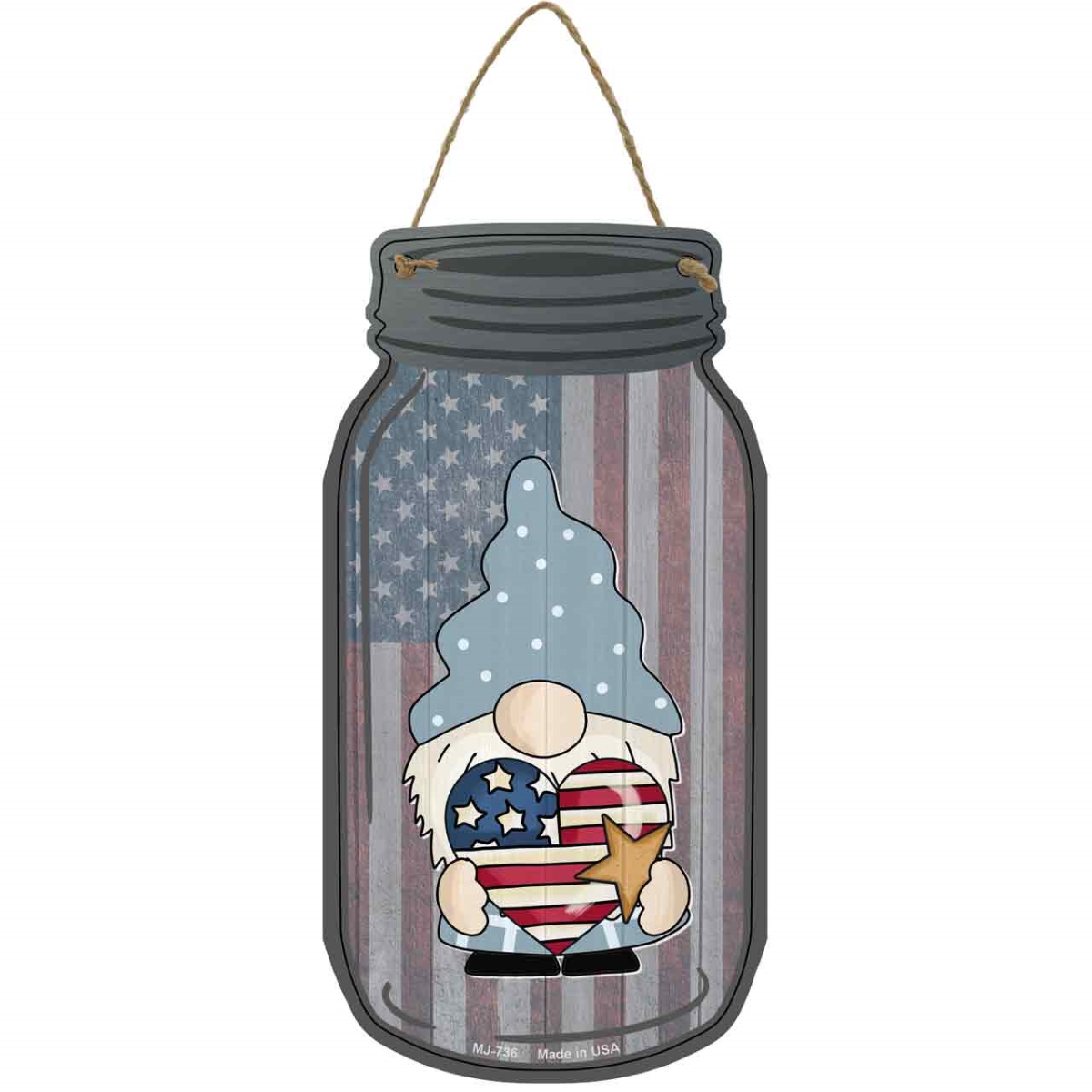 MJ-736 4 x 8 in. Patriotic Heart Novelty Metal Mason Jar Sign with Gnome