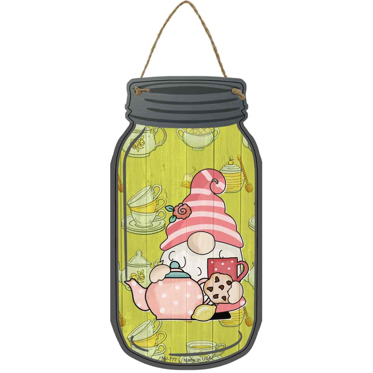 MJ-777 4 x 8 in. Teapot & Cookies Novelty Metal Mason Jar Sign with Gnome