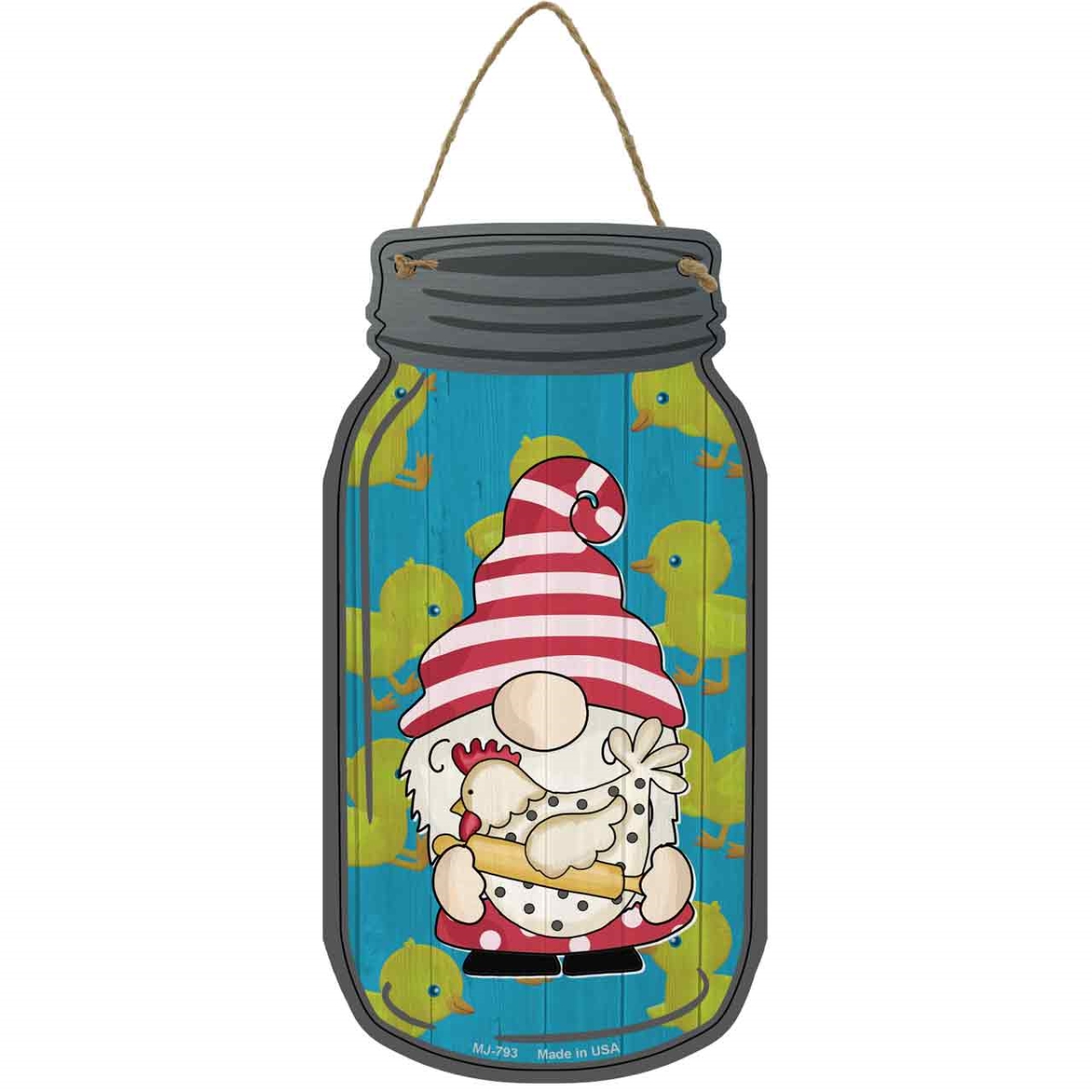 MJ-793 4 x 8 in. Chicken Novelty Metal Mason Jar Sign with Gnome, Blue