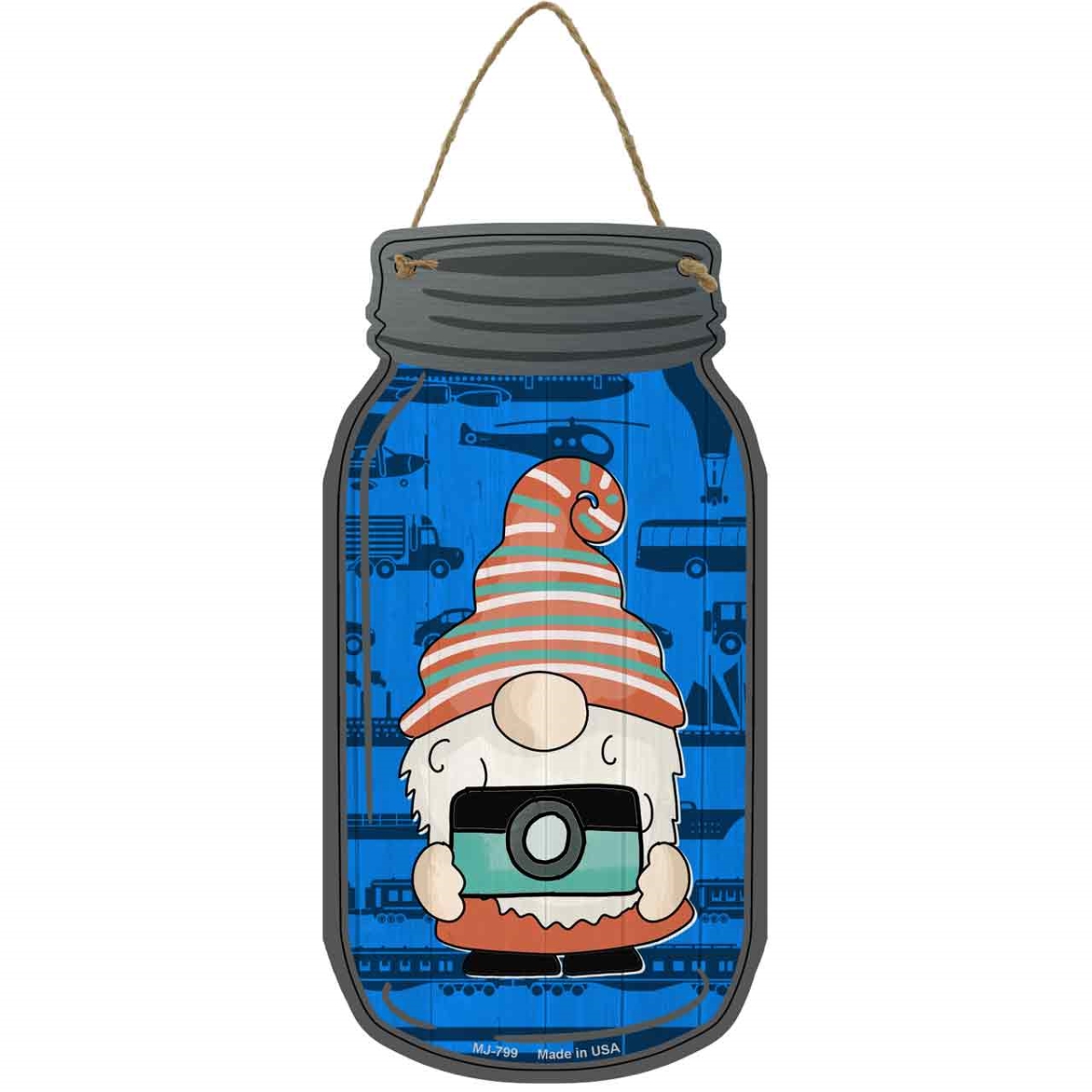 MJ-799 4 x 8 in. Camera Novelty Metal Mason Jar Sign with Gnome