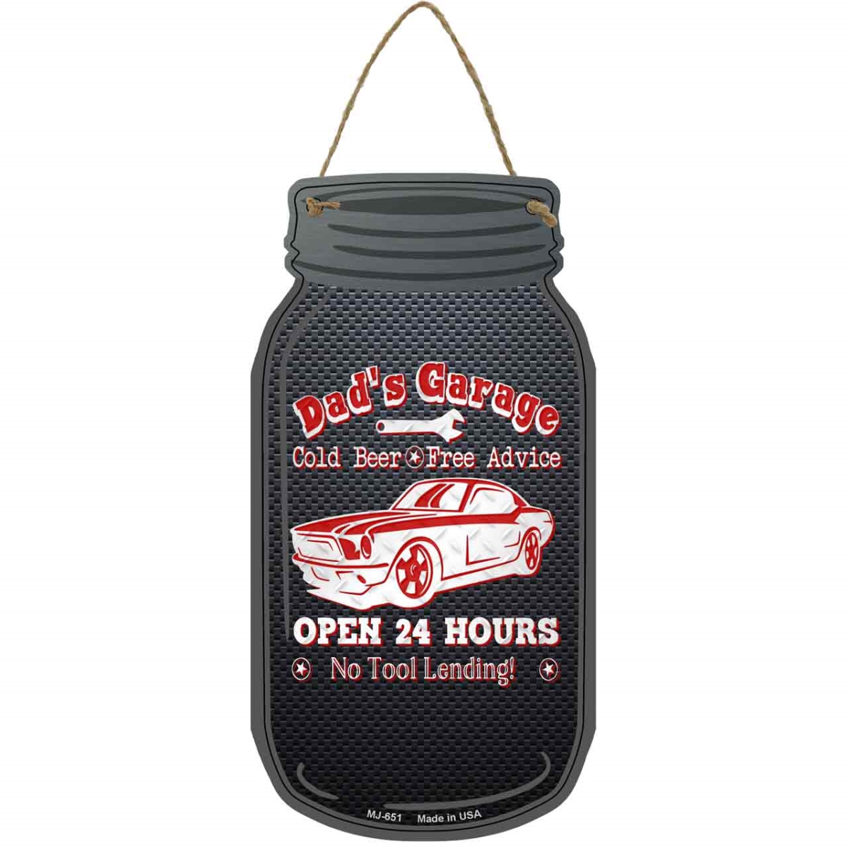 MJ-651 4 x 8 in. Dads Garage Novelty Metal Mason Jar Sign, Red