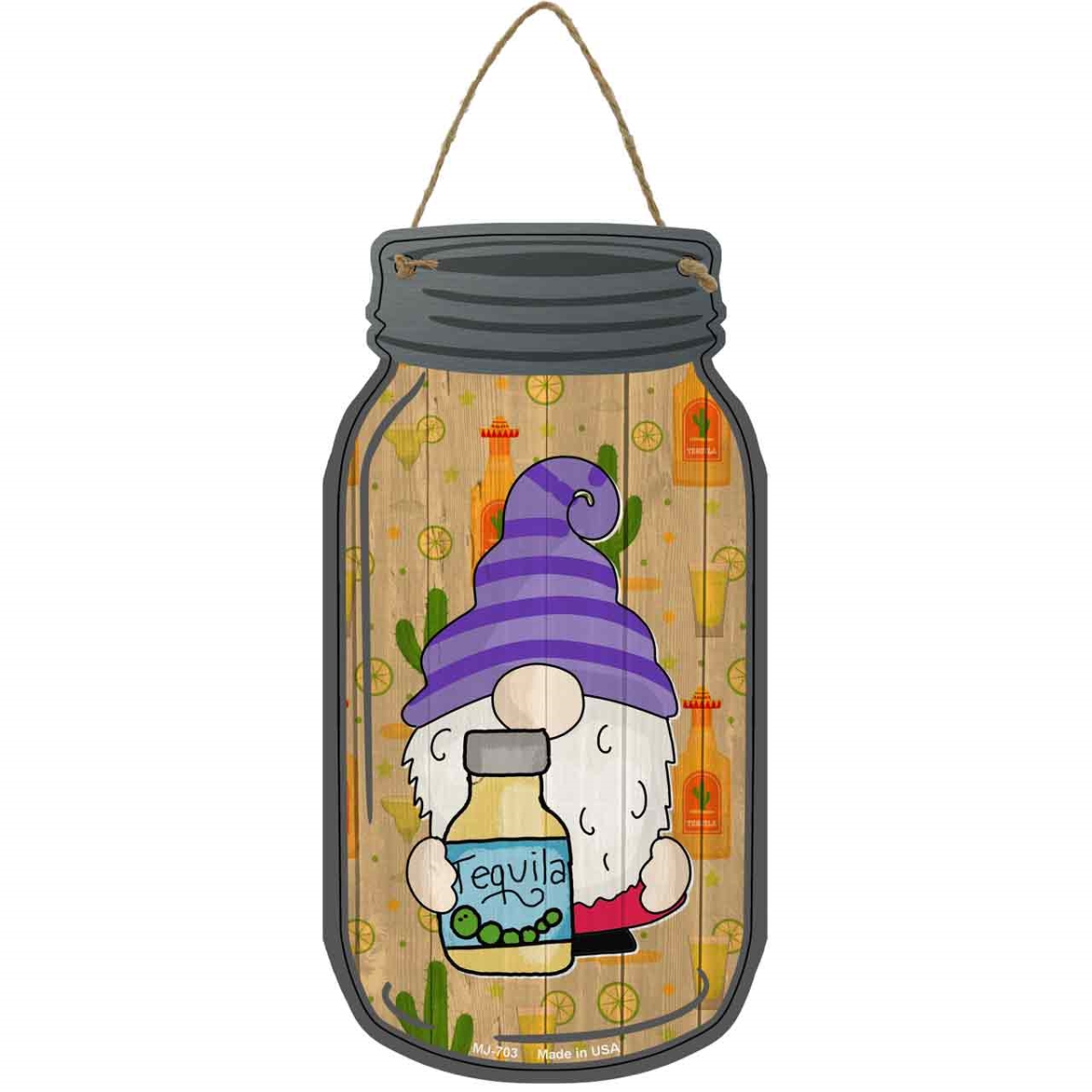 MJ-703 4 x 8 in. Tequila Novelty Metal Mason Jar Sign with Gnome