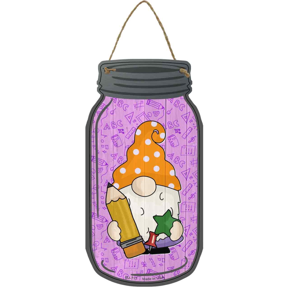 MJ-717 4 x 8 in. Pencil Novelty Metal Mason Jar Sign with Gnome
