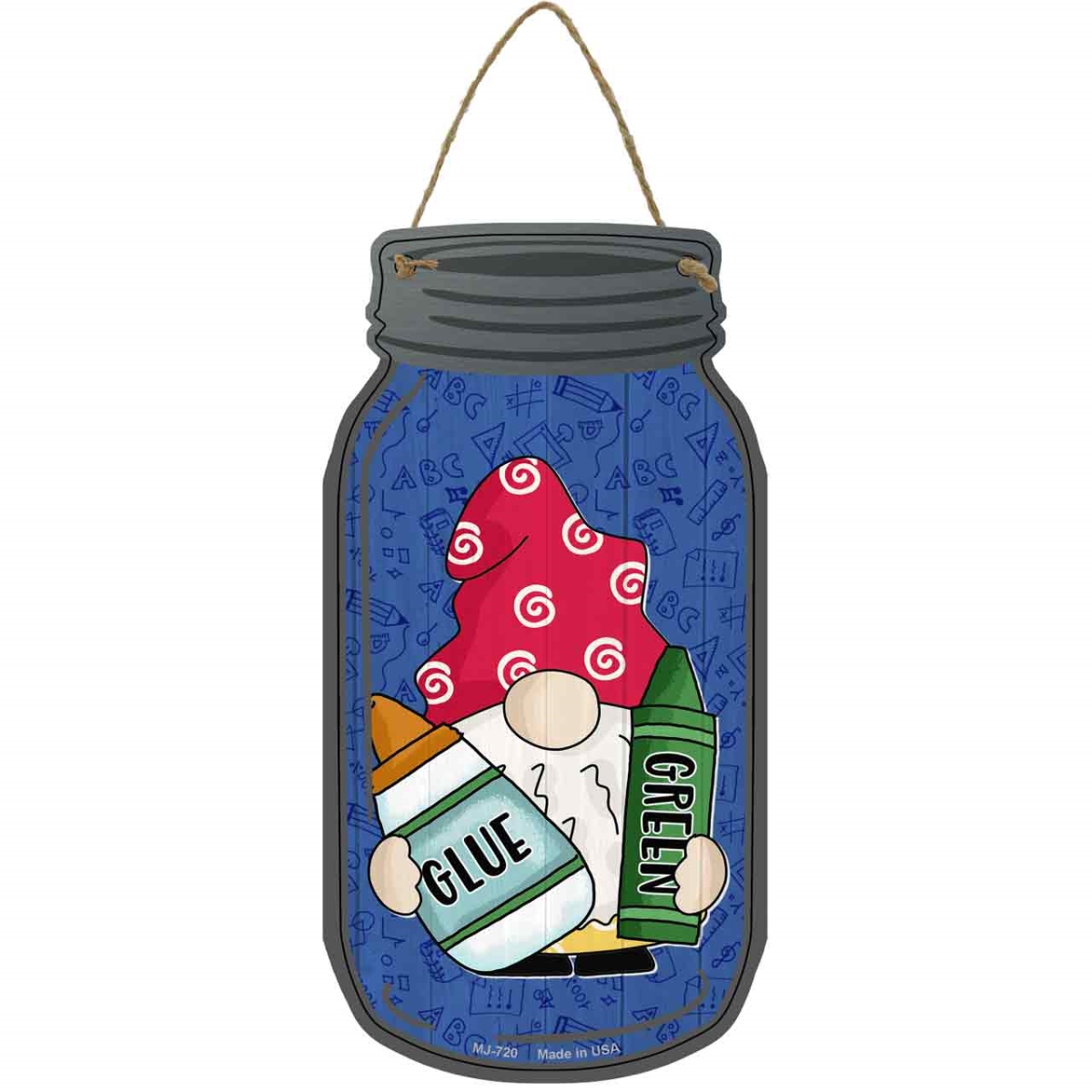MJ-720 4 x 8 in. Crayon Novelty Metal Mason Jar Sign with Gnome, Green