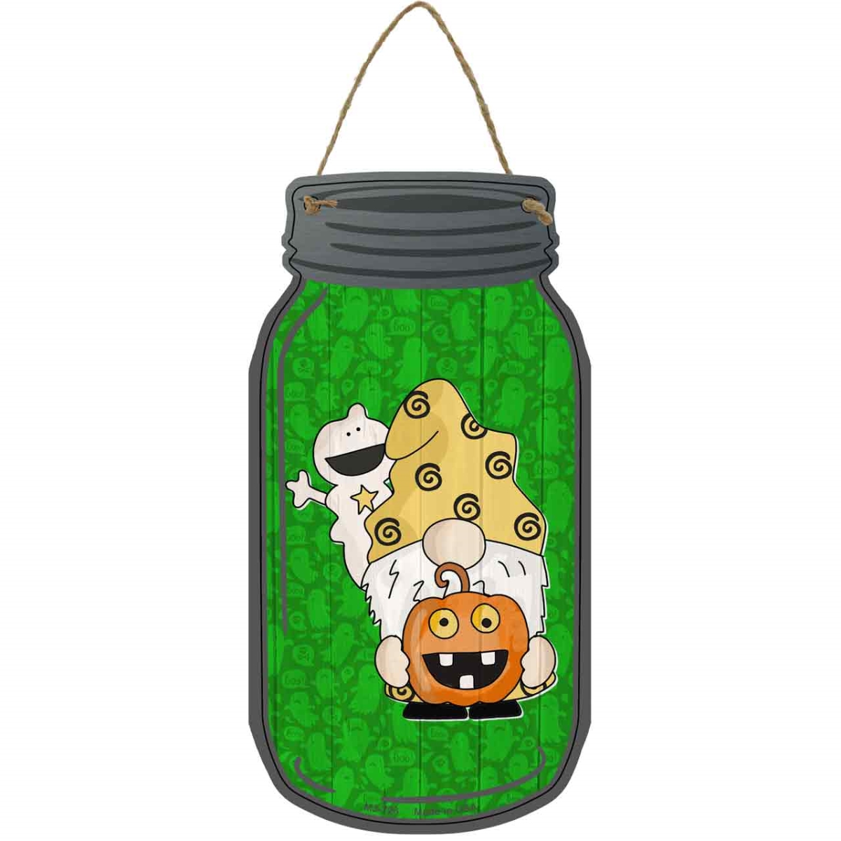 MJ-726 4 x 8 in. Pumpkin & Ghost Novelty Metal Mason Jar Sign with Gnome