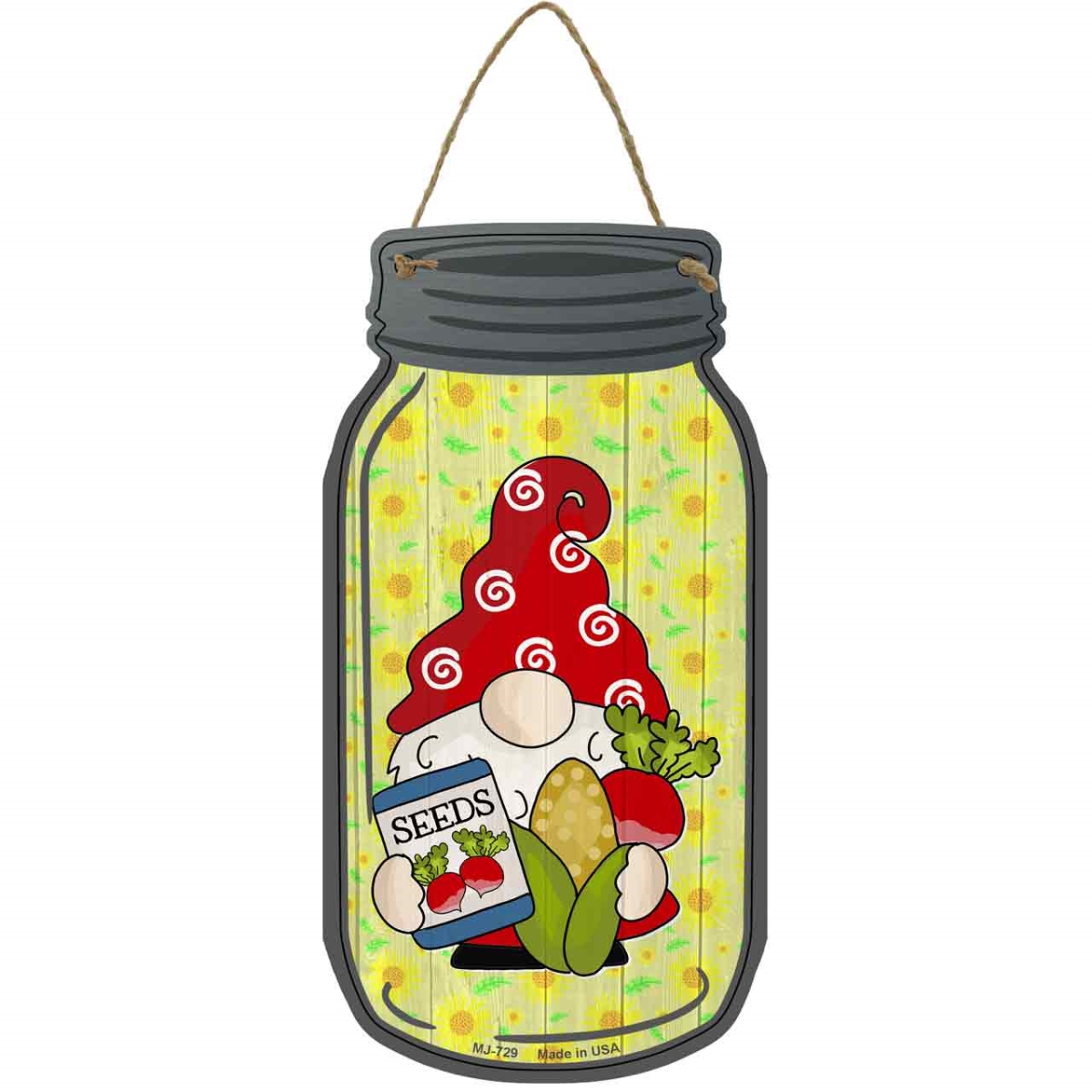 MJ-729 4 x 8 in. Corn & Beets Novelty Metal Mason Jar Sign with Gnome