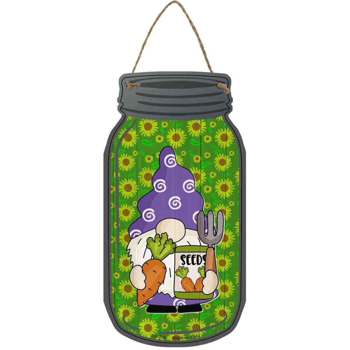 MJ-734 4 x 8 in. Carrot Seeds Novelty Metal Mason Jar Sign with Gnome
