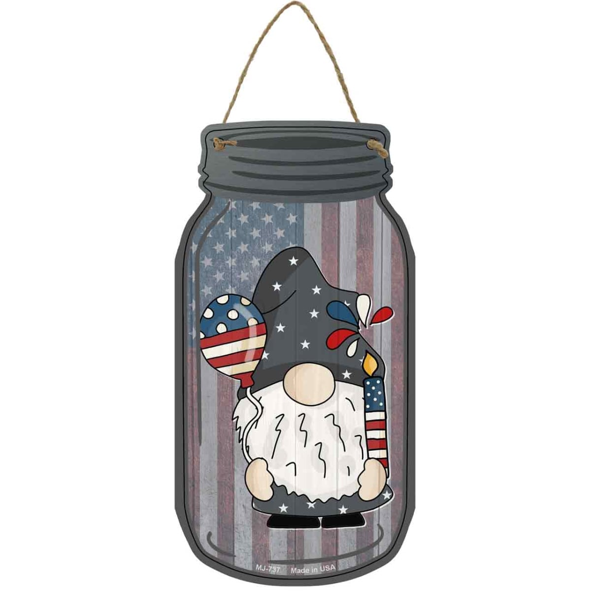 MJ-737 4 x 8 in. Balloon & Firework Novelty Metal Mason Jar Sign with Gnome