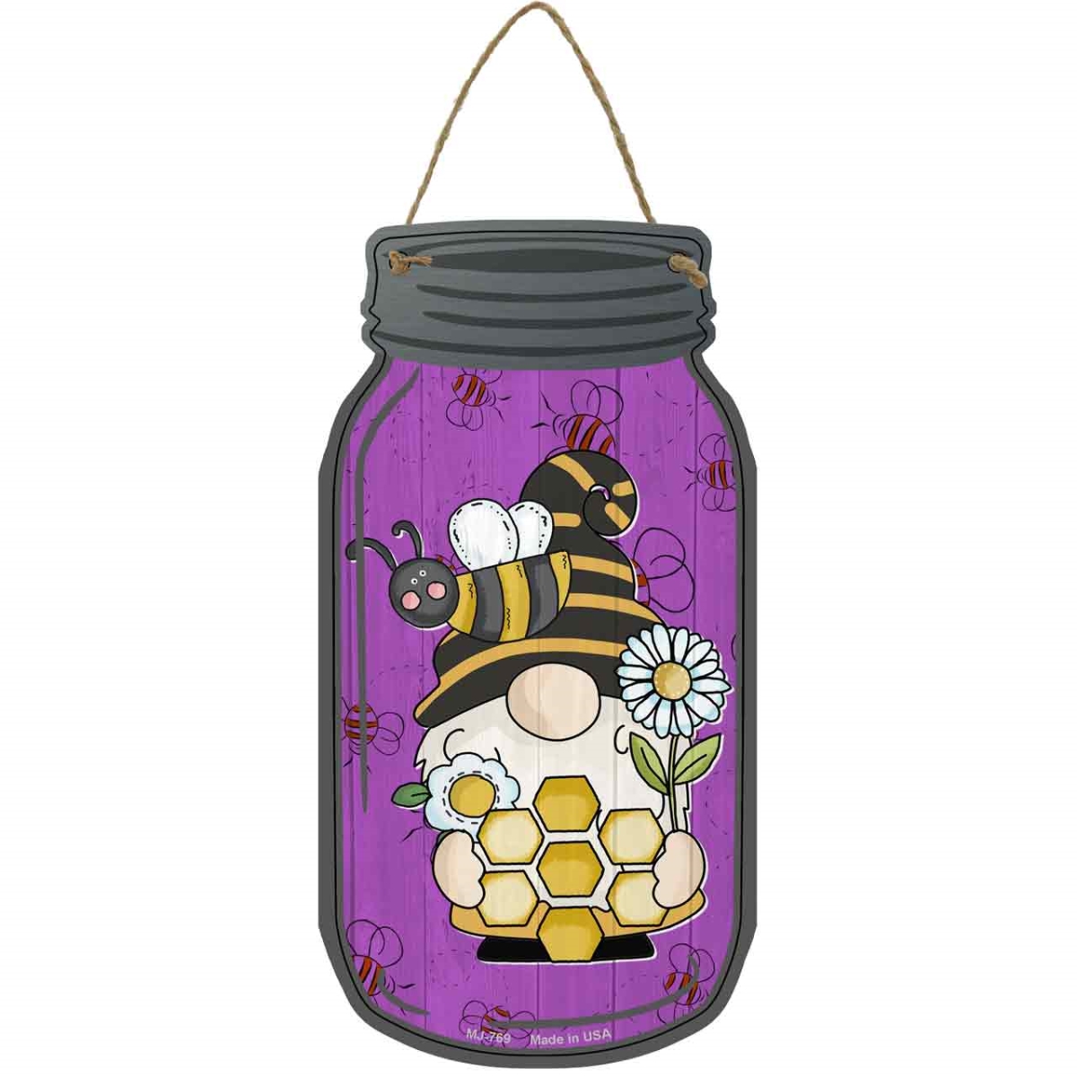 MJ-769 4 x 8 in. Honeycomb Novelty Metal Mason Jar Sign with Gnome