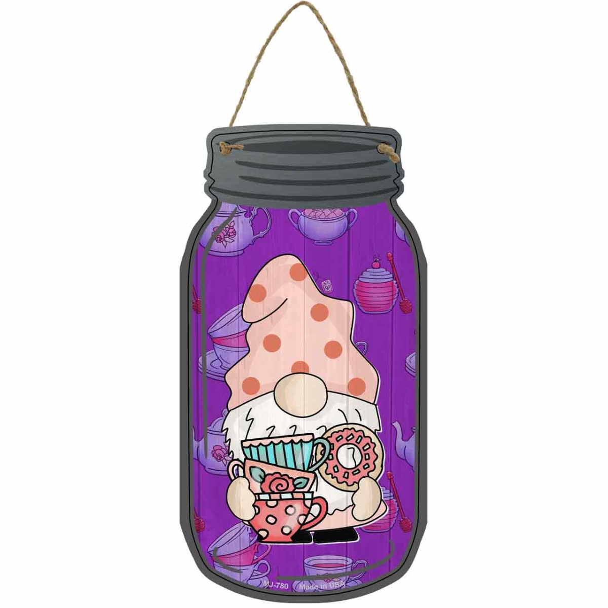 MJ-780 4 x 8 in. Cups & Donut Novelty Metal Mason Jar Sign with Gnome