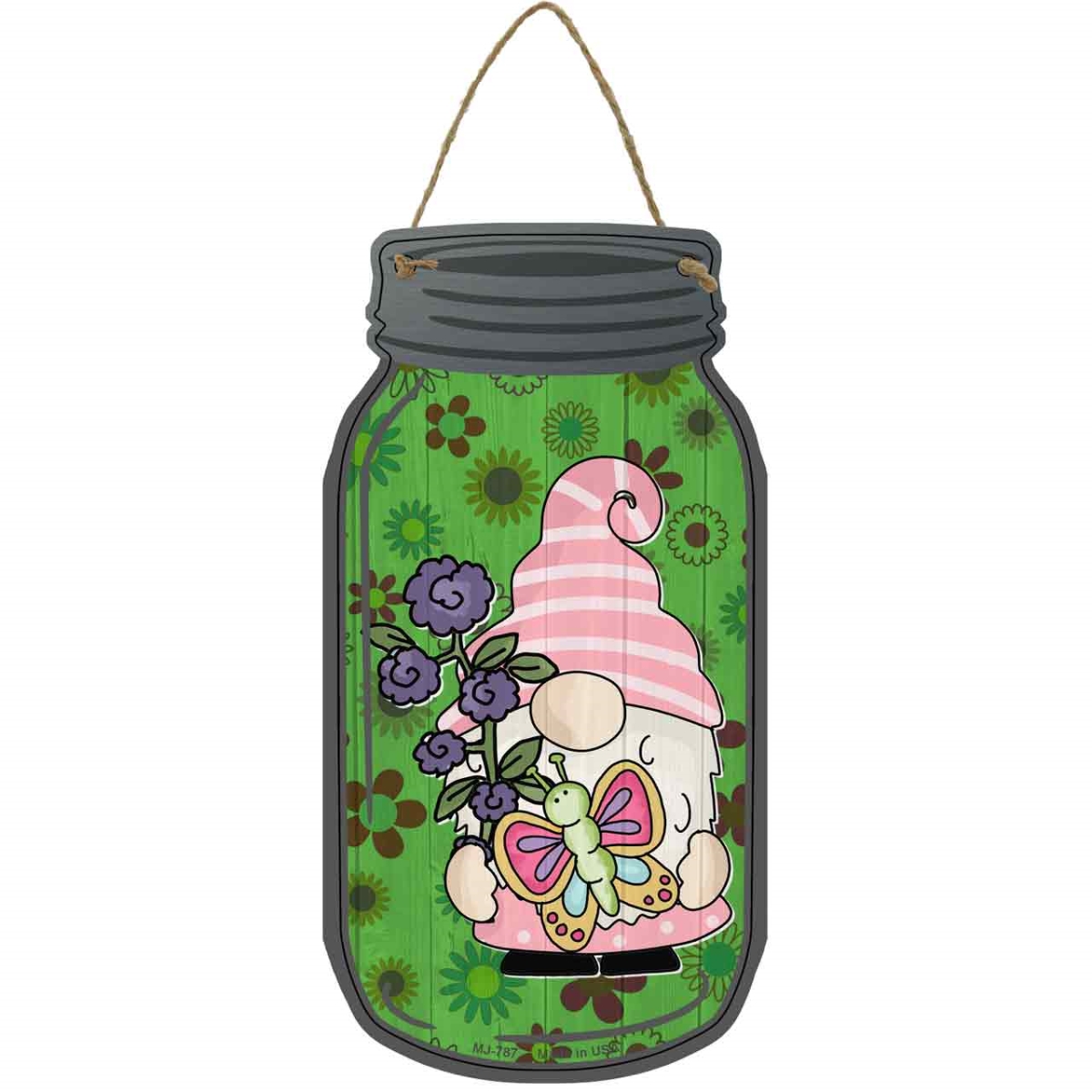 MJ-787 4 x 8 in. Flowers & Butterfly Novelty Metal Mason Jar Sign with Gnome