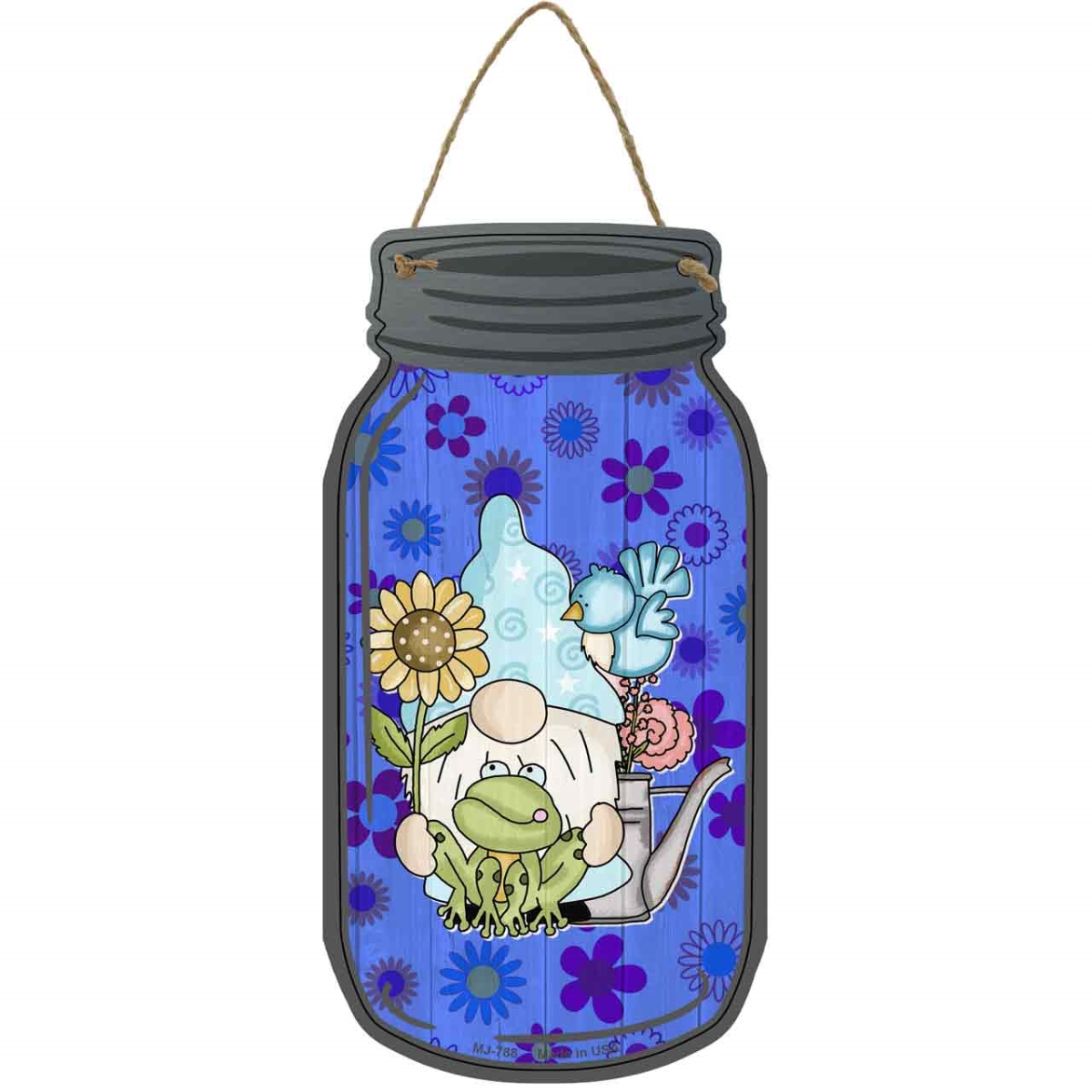 MJ-788 4 x 8 in. Sunflower & Frog Novelty Metal Mason Jar Sign with Gnome