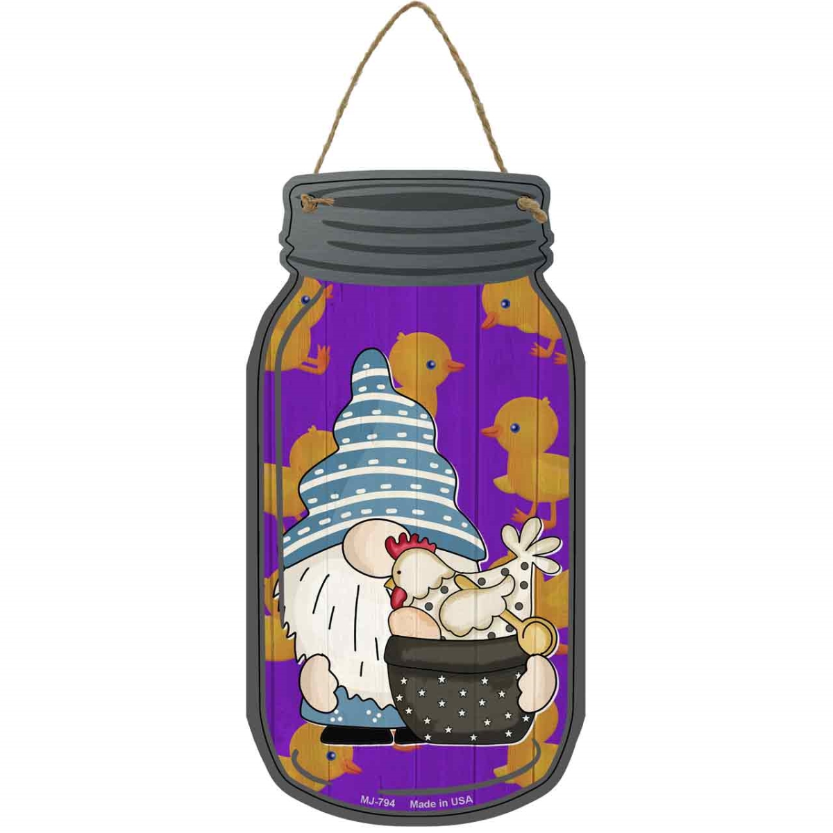 MJ-794 4 x 8 in. Chicken Novelty Metal Mason Jar Sign with Gnome, Purple