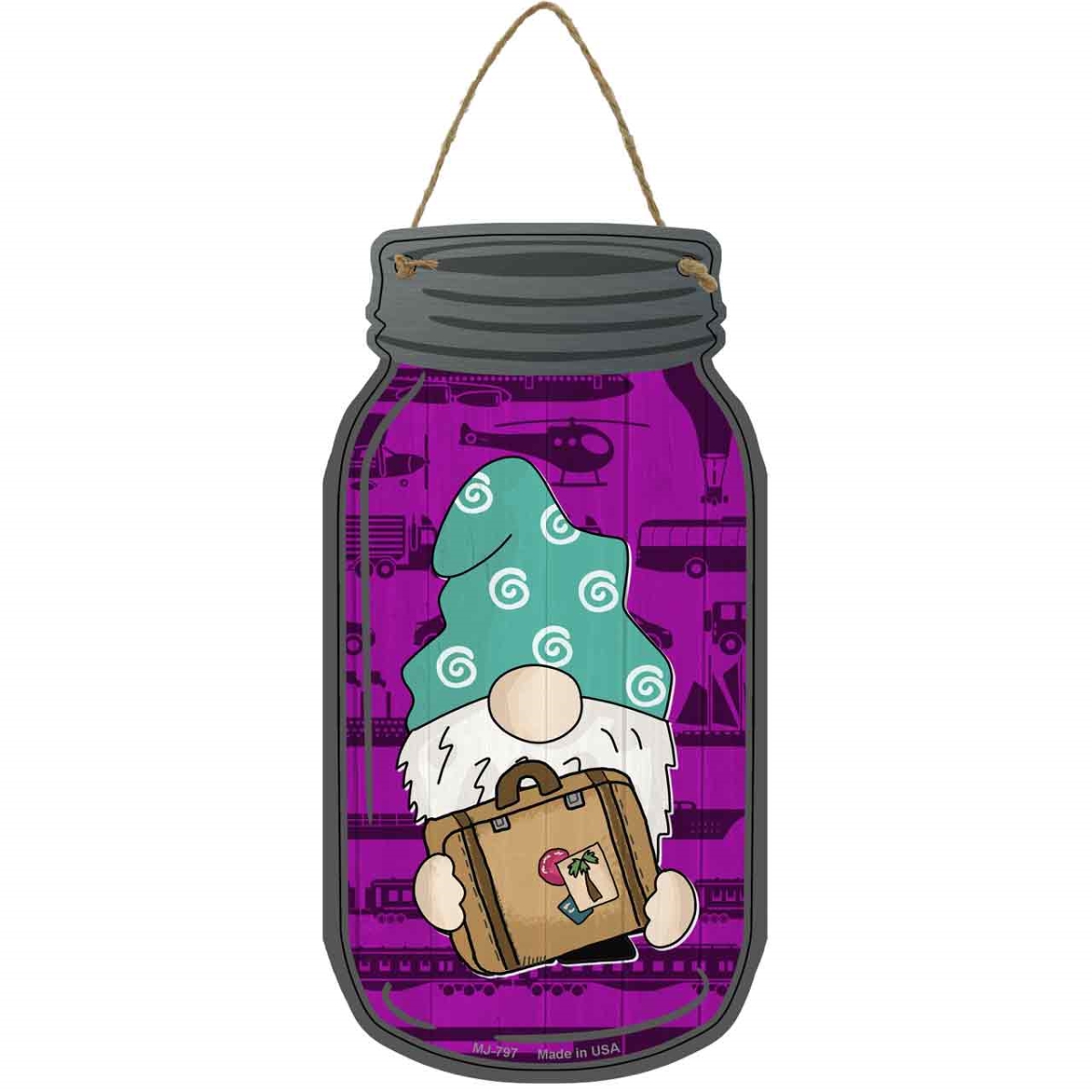 MJ-797 4 x 8 in. Suitcase Purple Novelty Metal Mason Jar Sign with Gnome