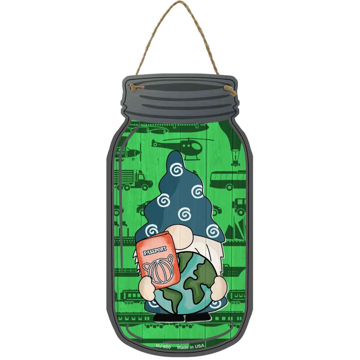 MJ-800 4 x 8 in. Passport & Globe Novelty Metal Mason Jar Sign with Gnome