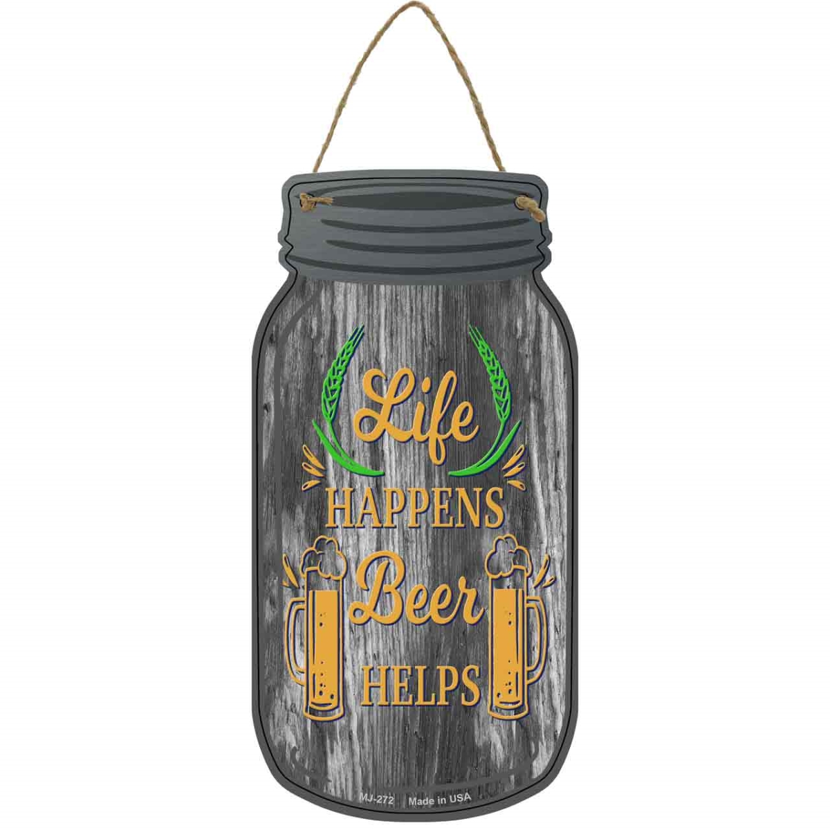 MJ-272 4 x 8 in. Beer Helps Novelty Metal Mason Jar Sign