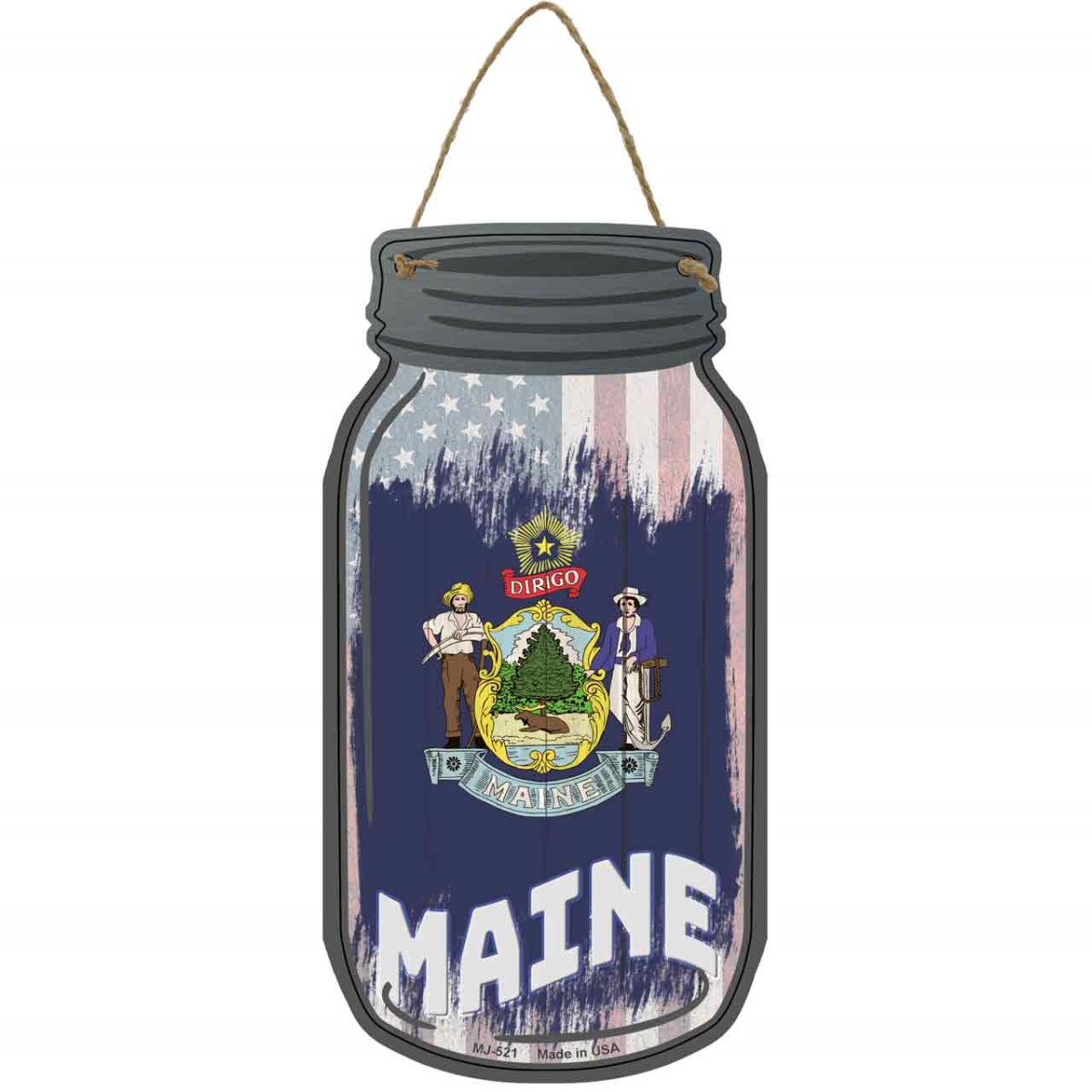 MJ-521 4 x 8 in. Maine USA Flag Novelty Metal Mason Jar Sign