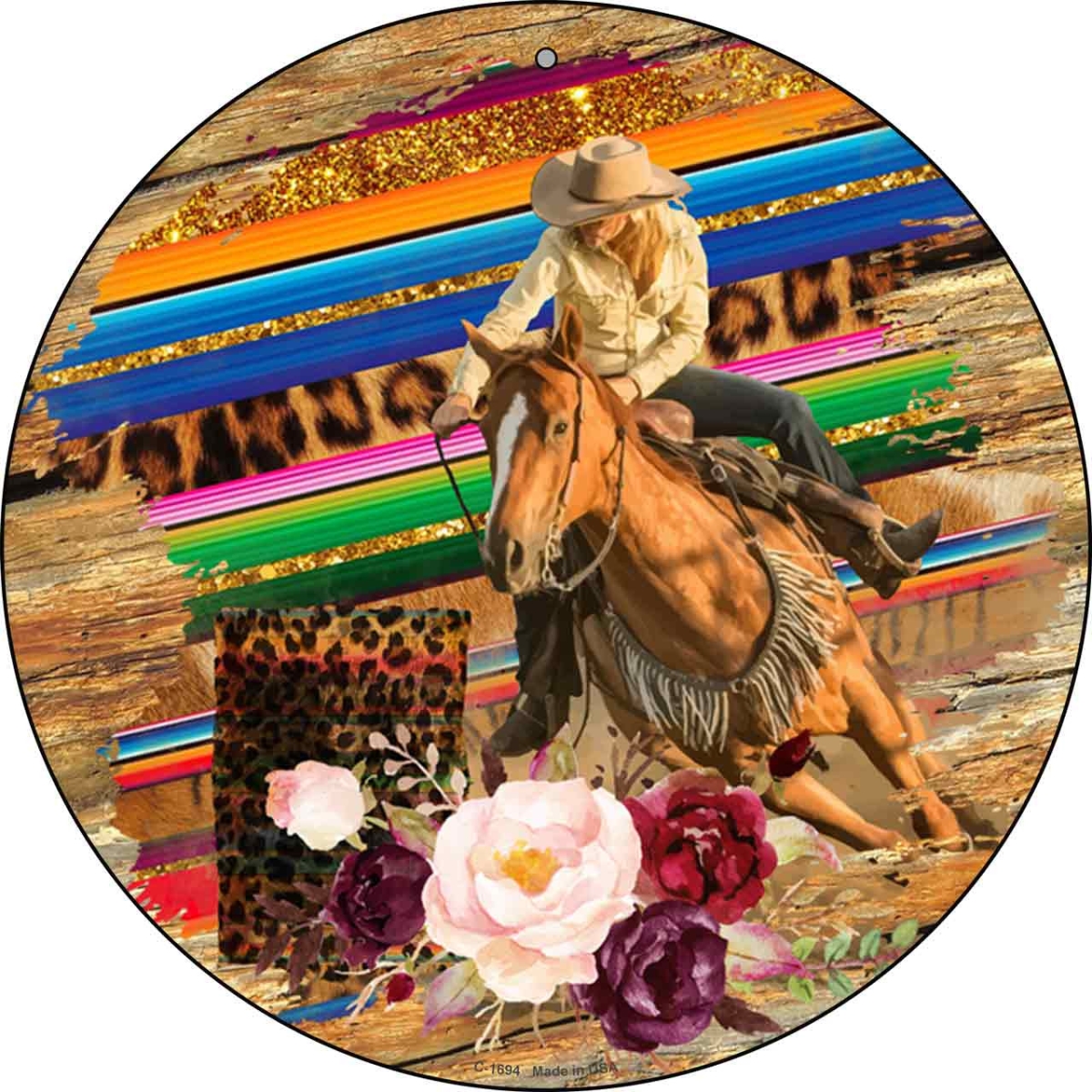 C-1694 12 in. Cowgirl Horse on Wood Novelty Metal Circle Sign -  Smart Blonde