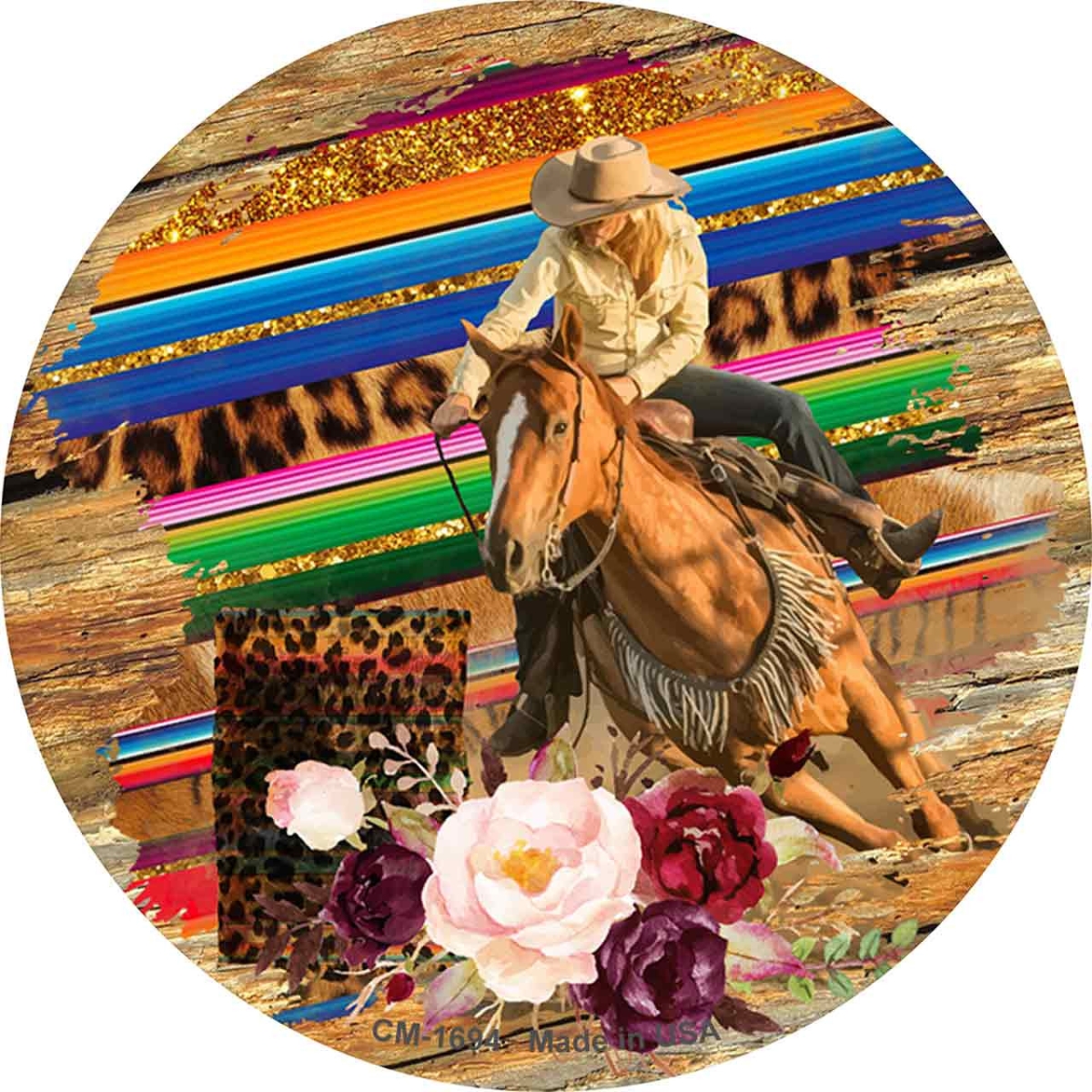 CM-1694 3.5 in. Cowgirl Horse on Wood Novelty Mini Metal Circle Magnet -  Smart Blonde