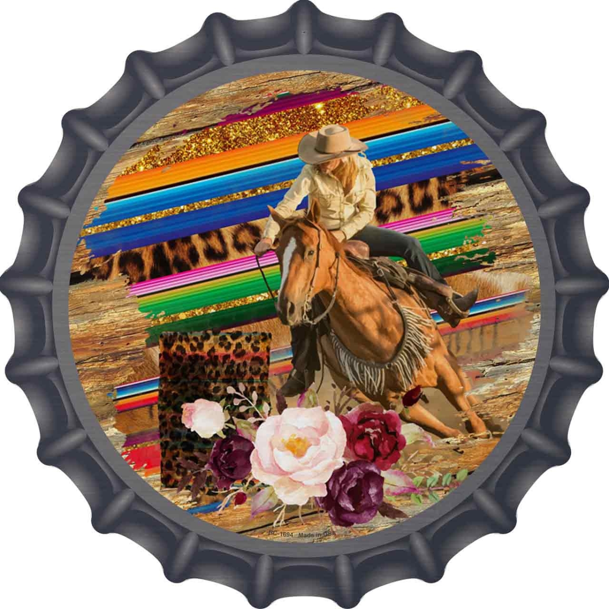 BC-1694 12 in. Cowgirl Horse on Wood Novelty Metal Bottle Cap Sign -  Smart Blonde