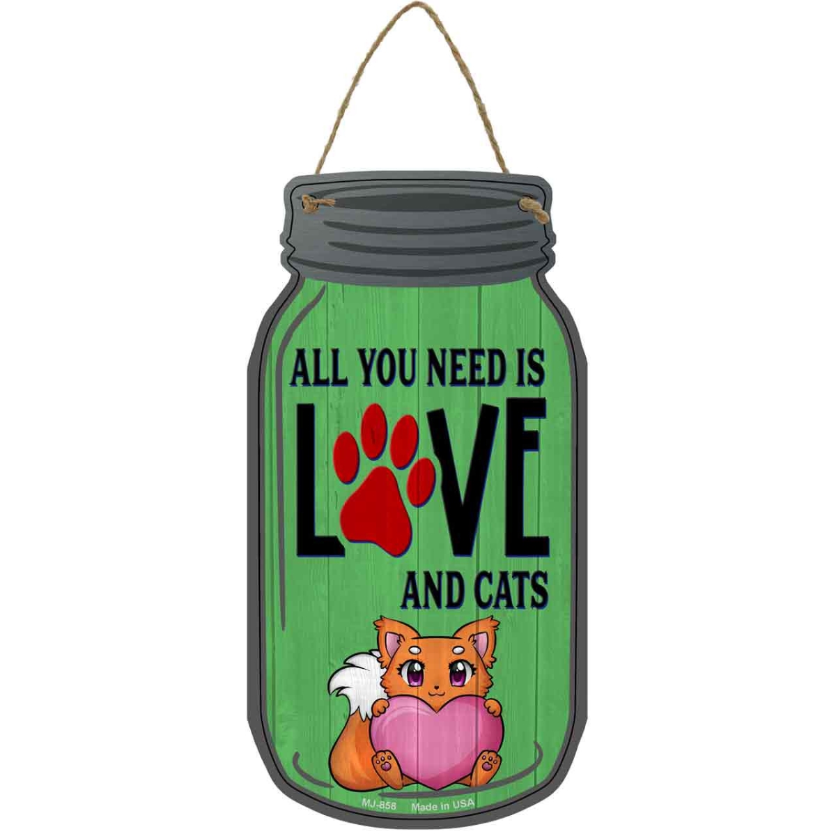MJ-858 4 x 8 in. Love & Cats Green Novelty Metal Mason Jar Sign