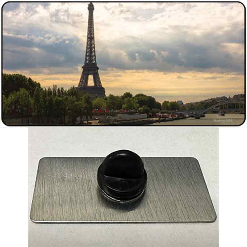 PIN-LP-11253 1.5 x 0.75 in. Eiffel Tower Day Overlooking Water Novelty Rectangle Metal Hat Pin