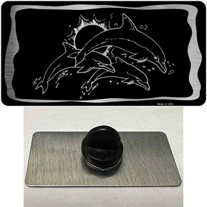 PIN-LPC-1070 1.5 x 0.75 in. Dolphins Black Brushed Chrome Novelty Rectangle Metal Hat Pin
